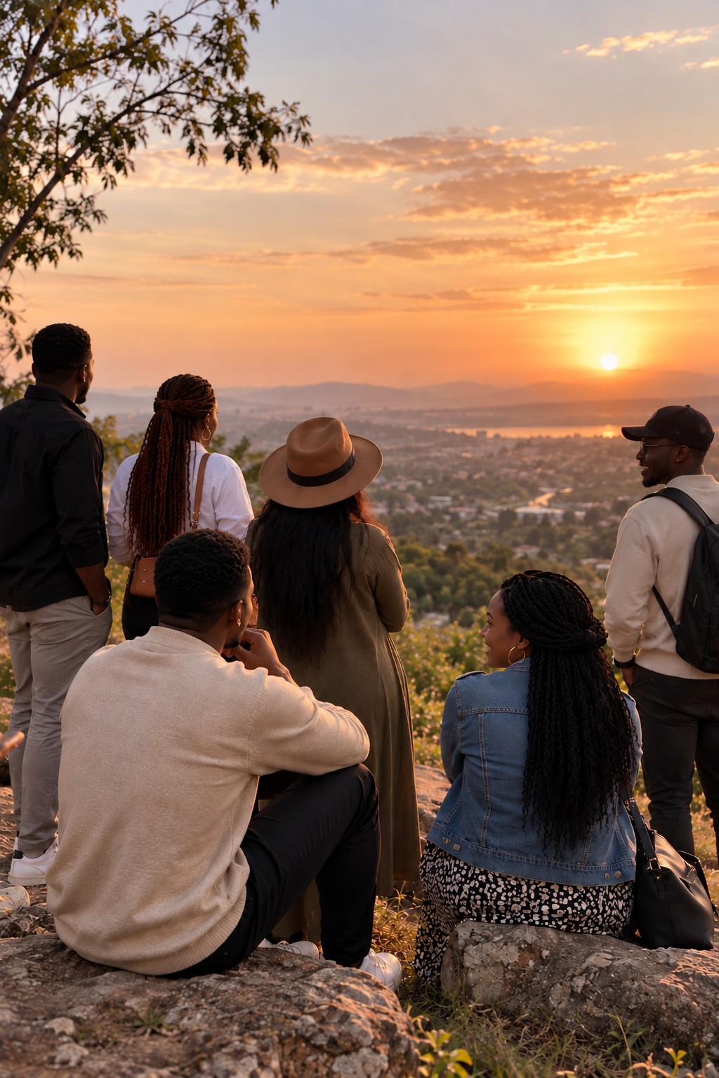 Six community members looking out over a valley at sunset from a rocky viewpoint